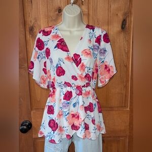 Pink and White Floral Faux Wrap Blouse with Flutter‎ Sleeves